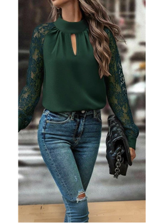 Kadın Uzun Kollu Göğüs Pencere Detay Yaka Boğazlı Kolları Tüllü Sandy Bluz