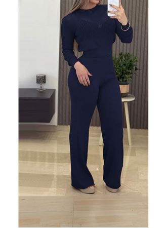 Kadın Uzun Kollu Yuvarlak Yaka Transparan Detaylı Triko Bluz Ve Pantolon Ikili Takım