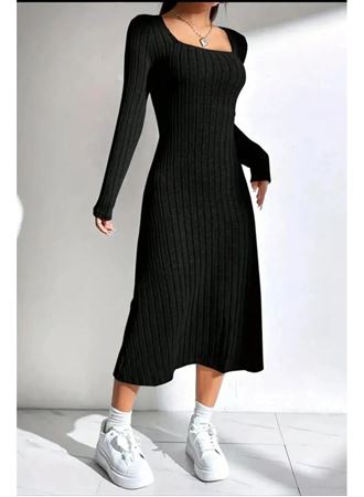 Kadın Kare Yaka Fitilli Kaşkorse Kumaş Midi Boy Elbise