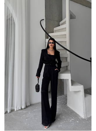 JAKARLI BLUZU TASARIM DETAYLI CEKET-PANTOLON-BLUZ 3 LÜ TAKIM - Siyah