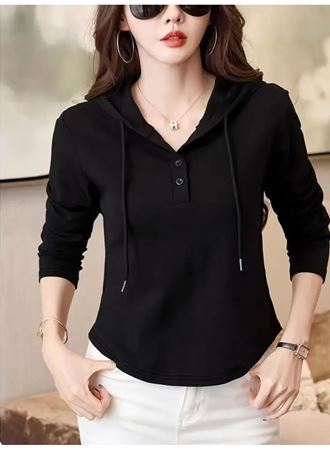 Kadın Uzun Kollu Kapşonlu Bağcıklı Düğmeli Viskon Iki Iplik Bluz