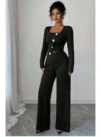 Kadın Uzun Kol Kare Yaka Asimetrik Düğme Detay Bluz Ve Yüksek Bel Pantolon Ikili Takım