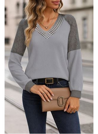 Kadın Uzun Kollu V Yakalı Dantelli Waffle Bluz