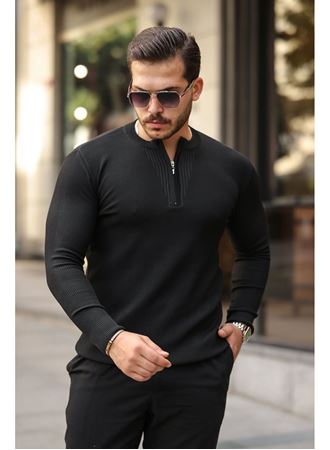 Erkek Fermuarlı Bisiklet Yaka Dokulu Uzun Kollu Triko