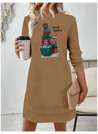 Kadın Uzun Kollu Bisiklet Yaka Desenli Viskon Iki Iplik Elbise