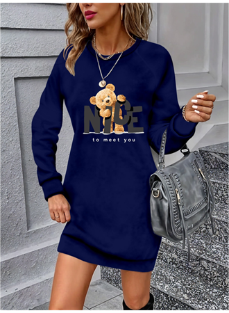 Kadın Uzun Kollu Bisiklet Yaka Ayı Desenli Viskon Iki Iplik Elbise