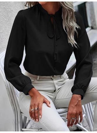 Kadın Uzun Kollu Yakalı Yakadan Bağcıklı Düğmeli Sandy Bluz