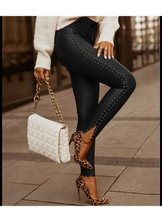 Kadın Yüksek Bel Yanlardan Incili Yırtmaçlı Uzun Deri Tayt