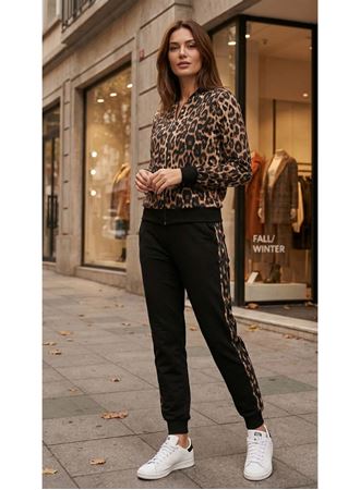 Kadın Uzun Kollu önden Fermuarlı Leopar Desen Detaylı Viskon Iki Iplik Kumaş Ikili Takım