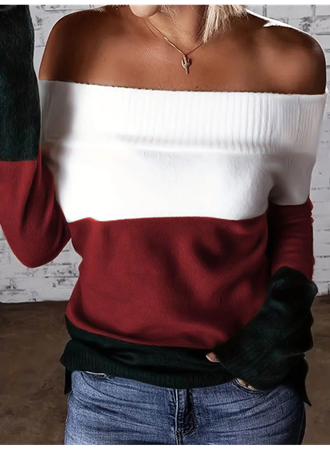 Kadın Uzun Kollu Omuzlardan Açık Uzun Kollu Blok çizgili Triko Bluz