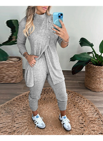 Kadın Uzun Kollu Balıkçı Yaka önden Düğmeli Bluz Ve Pantolon Yumoş Ikili Takım