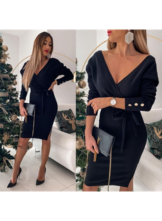 Kadın Uzun Kollu Kruvaze Yaka Bağcık Detay Akrilik Mini Boy Elbise