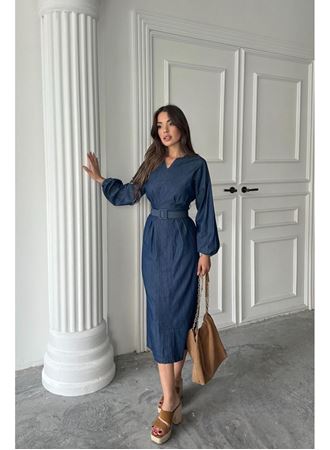 Mavi Tencel Uzun Kollu Elbise