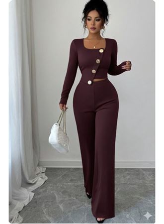 Kadın Uzun Kol Kare Yaka Asimetrik Düğme Detay Bluz Ve Yüksek Bel Pantolon Ikili Takım