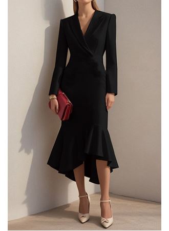 Kadın Uzun Kollu Yakalı Belden Oturtmalı Midi Ithal Krep Elbise