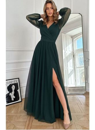 Kadın Uzun Kollu Kruvaze Yakalı Belden Kuşaklı Tüllü Uzun Ithal Krep Elbise