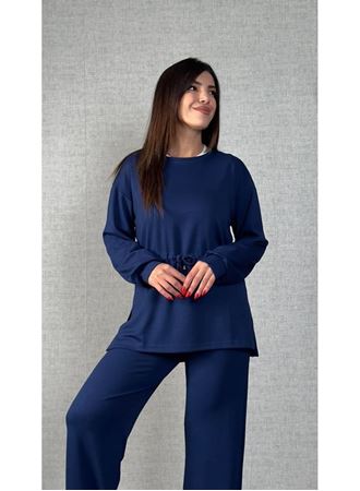 Kadın Uzun Kollu Bisiklet Yaka Belden Büzgülü Bağcıklı Viskon Iki Iplik Bluz Ve Pantolon Ikili Takım