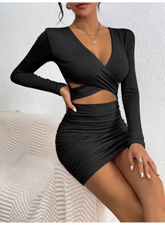 Kadın Uzun Kollu çapraz Dekolte Detaylı Mini Sandy Elbise