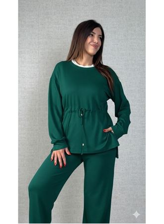 Kadın Uzun Kollu Bisiklet Yaka Belden Büzgülü Bağcıklı Viskon Iki Iplik Bluz Ve Pantolon Ikili Takım