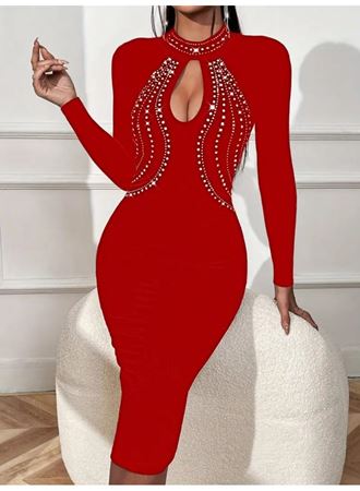 Kadın Uzun Kollu Balıkçı Yaka Taşlı Damla Detay Midi Ithal Krep Elbise