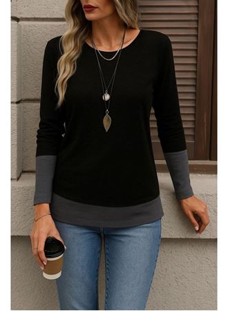 Kadın Uzun Kollu Açık Yuvarlak Yaka Blok Renkli Viskon Bluz