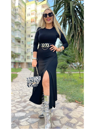 Kadın Uzun Kollu Bisiklet Yaka Yırtmaçlı Kemerli Uzun çilek Elbise