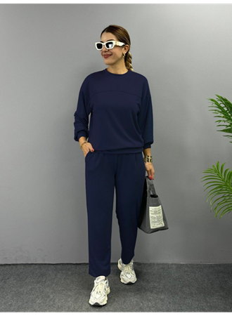 Kadın Uzun Kollu Bisiklet Yaka Viskon Iki Iplik Bluz Ve Pantolon Ikili Takım