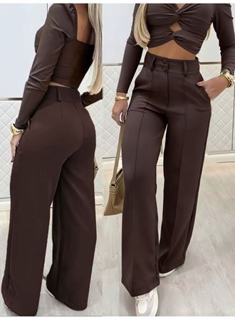 Kadın Uzun Kollu Göğüs Dekolteli Ithal Krep Bluz Ve Pantolon Ikili Takım