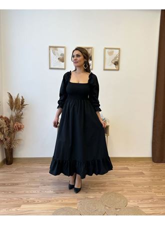 Kadın Uzun Kollu Kare Yakalı Gipeli Uzun Trikoton Elbise