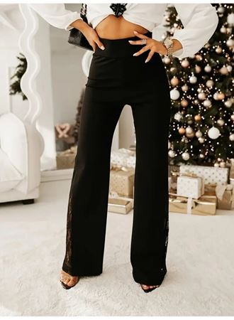 Kadın Yüksek Bel Yanlardan Dantelli Paçaya Doğru Geniş Kesim Detaylı Ithal Krep Pantolon