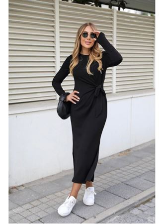 Kadın Uzun Kollu Bisiklet Yaka Belden çapraz Bağlamalı Yandan Yırtmaçlı Uzun Viskon Iki Iplik Elbise