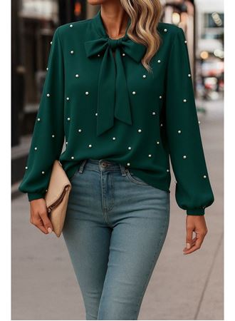 Kadın Uzun Kollu Yakadan Fiyonklu Incili Ithal Krep Bluz