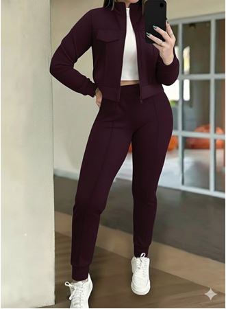 Kadın Uzun Kollu önden Fermuarlı Kısa Modal Mor Ceket Ve Pantolon Ikili Takım