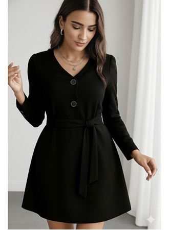 Kadın Uzun Kollu Düğme Detaylı Kendinden Kemerli Ithal Krep Elbise