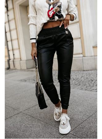 Kadın Yüksek Bel Lastikli Cepli Deri Pantolon