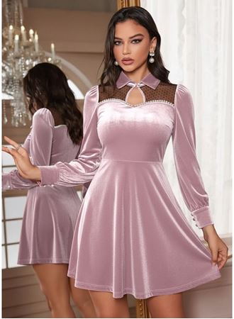Kadın Uzun Kollu Yakalı Tül Detaylı Incili Mini Kadife Elbise