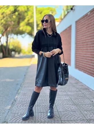 Kadın Uzun Kollu Kapüşon Ve Deri Detay Diz üstü Elbise