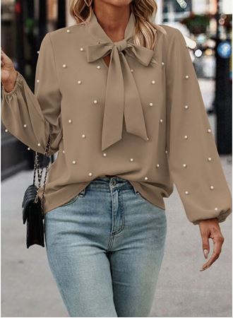 Kadın Uzun Kollu Yakadan Fiyonklu Incili Ithal Krep Bluz