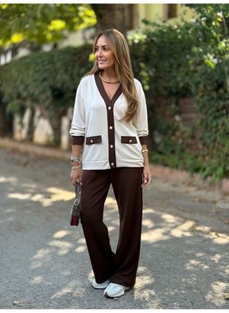 Kadın Uzun Kollu Ribanali Cep Detay Hırka Ve Bol Paça Pantolon Ikili Takım