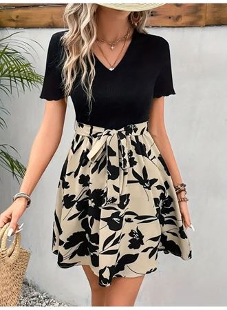 Kadın Kısa Kollu V Yakalı Belden Kuşaklı çiçek Desenli üst Viskon Alt Süprem Elbise