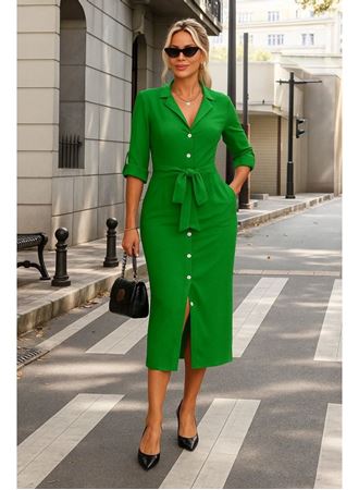 Kadın Uzun Kollu önden Düğmeli Beli Kuşaklı Aerobin Midi Elbise