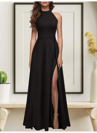 Kadın Halter Yaka Derin Yırtmaç Detaylı Tam Boy Ithal Krep Abiye Elbise