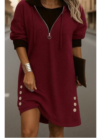 Kadın Uzun Kollu Kapşonlu önden Fermuarlı Düğmeli Mini Iki Iplik Elbise