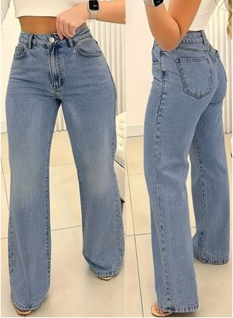 Kadın Yüksek Bel Cepli Paçaya Doğru Geniş Kot Pantolon