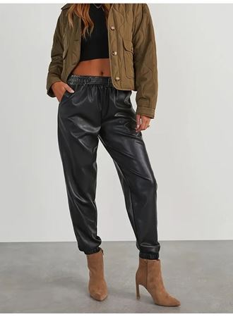 Kadın Yüksek Bel Lastikli önü Düğmeli Deri Pantolon