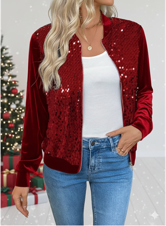 Kadın Uzun Kollu önü Açık Fermuarlı Pulpayetli Kadife Ceket