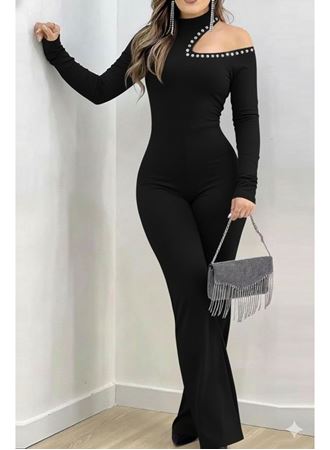 Kadın Tek Omuzdan Açık Balıkçı Yaka Taş Detaylı Uzun Ithal Krep Tulum