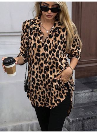 Kadın Uzun Kollu Yakalı önden Düğmeli Yandan Bağcıklı Leopar Desenli Modal Bluz