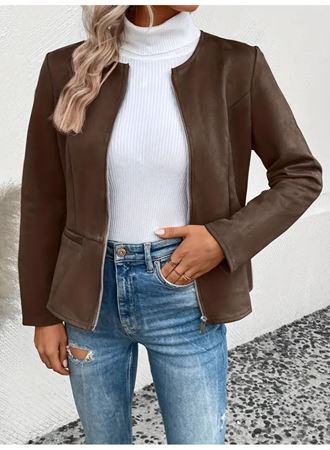 Kadın Uzun Kollu Yuvarlak Yaka önden Fermuarlı Süet Ceket