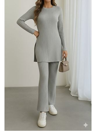 Kadın Uzun Kollu Yuvarlak Yaka Yandan Yırtmaç Detaylı şardonlu Kaşkorse Bluz Ve Pantolon Ikili Takım